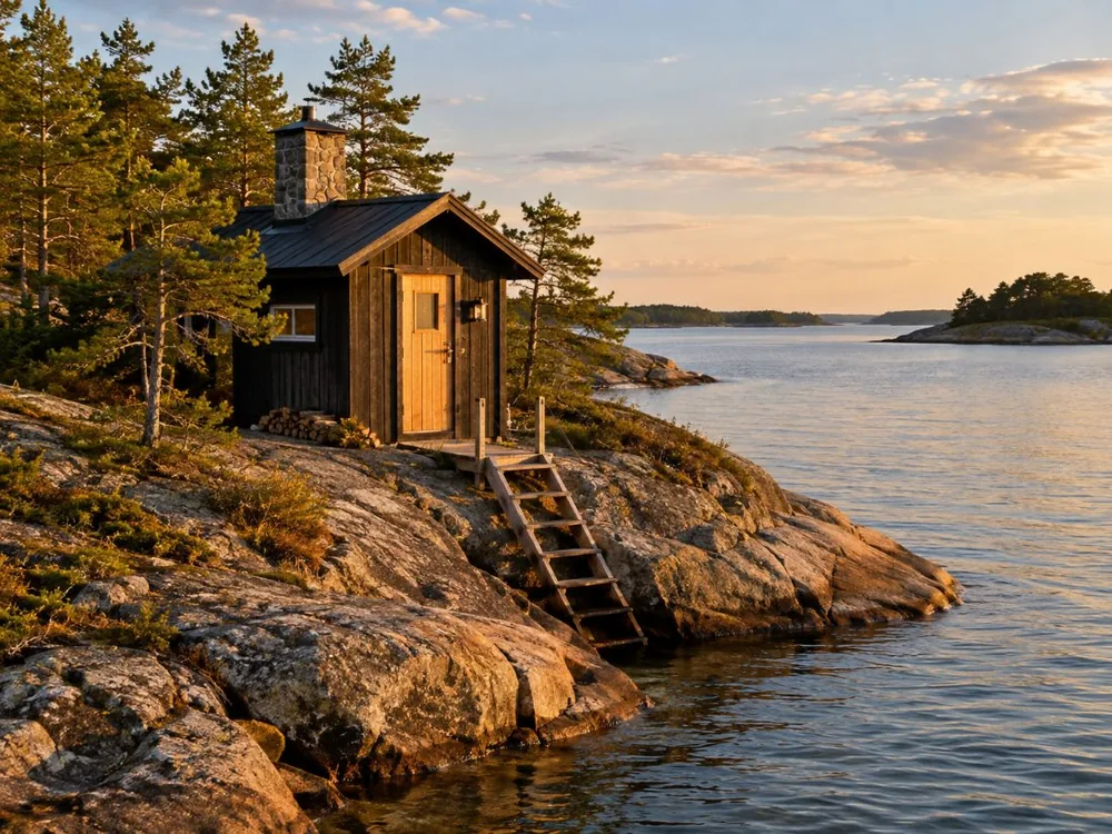 Eine hölzerne Sauna und ein Steg auf einer Insel im Helsinki-Archipel