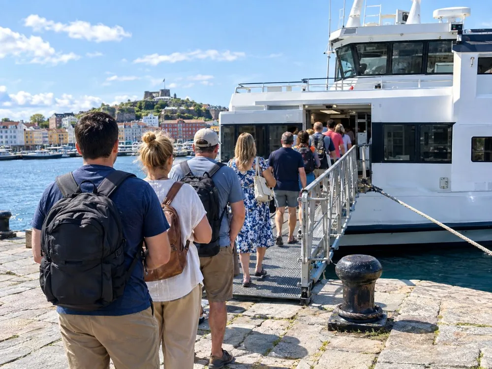 Eine Schlange am Fähren-Tor von Suomenlinna an einem Sommer-Sonntagabend