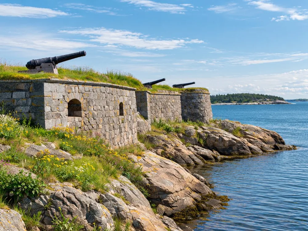 Die Mauern der Seefestung Suomenlinna vom Wasser aus gesehen